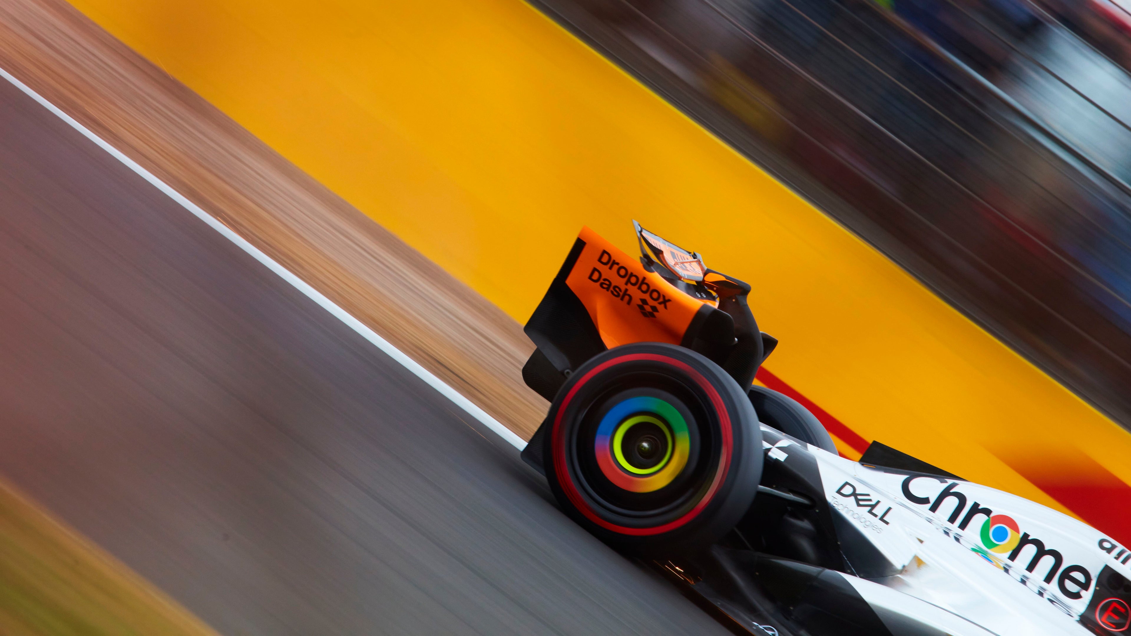 McLaren F1 race car driven by Lando Norris around the Silverstone race track at the British Grand Prix in 2025